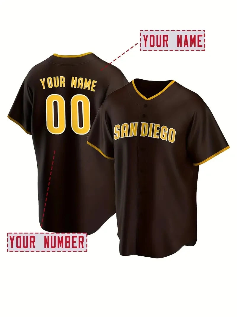 Custom Name And Number Men's Embroidery Baseball Jersey, San Diego Personalized Short Sleeve Button Down Breathable DIY Shirts