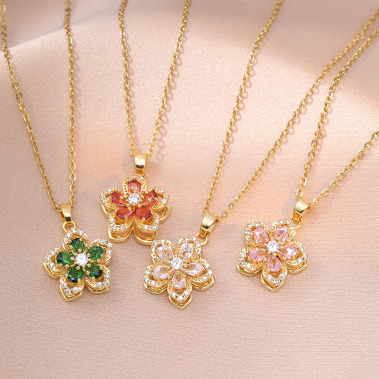 Shiny Zircon Romantic Flower Pendant, Necklace For Women Gold Plated Rotatable Flowers Choker for Girls , Wedding Party, Luxury Jewelry