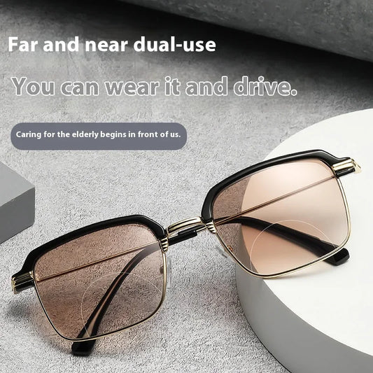 2-in-1 Popular Metal Bifocal Presbyopia Glasses, with Anti-Blue Light Reading Glasses/ Sunglasses for Both Near and Far Use
