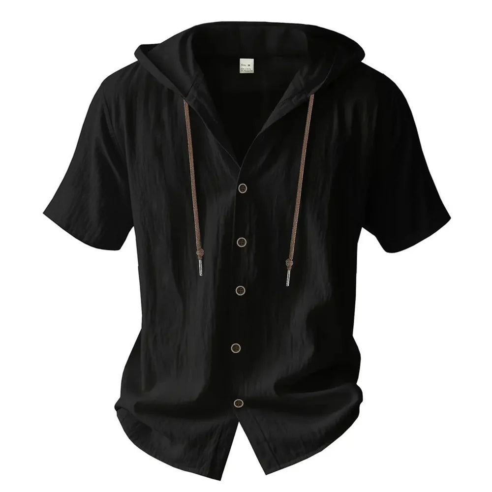 Cotton Linen Shirt for Men, Hooded, Short Sleeve, Solid Colors, Breathable and Lightweight with Drawstring Design.