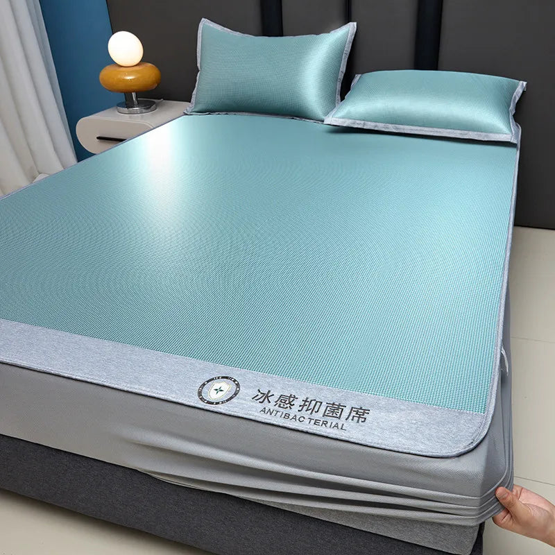 Fitted Cooling Summer Mat 3pcs Set Fitted Sheets, Cool Mattress Cover + 2 Pillowcases Soft Breathable Washable for AC Room