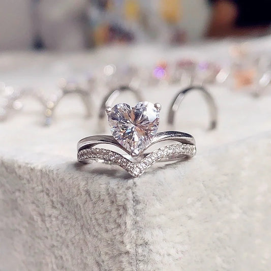 Delicate Silver Color with White Zircon Stones. Heart Rings for Women for Fashion, Bridal, Engagement, Wedding Ring Set