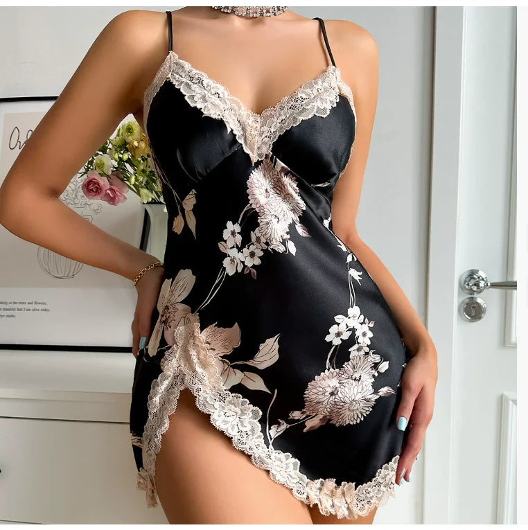 Lace Trim  Nightdress with. V Neck Backless Side Split Slip.
