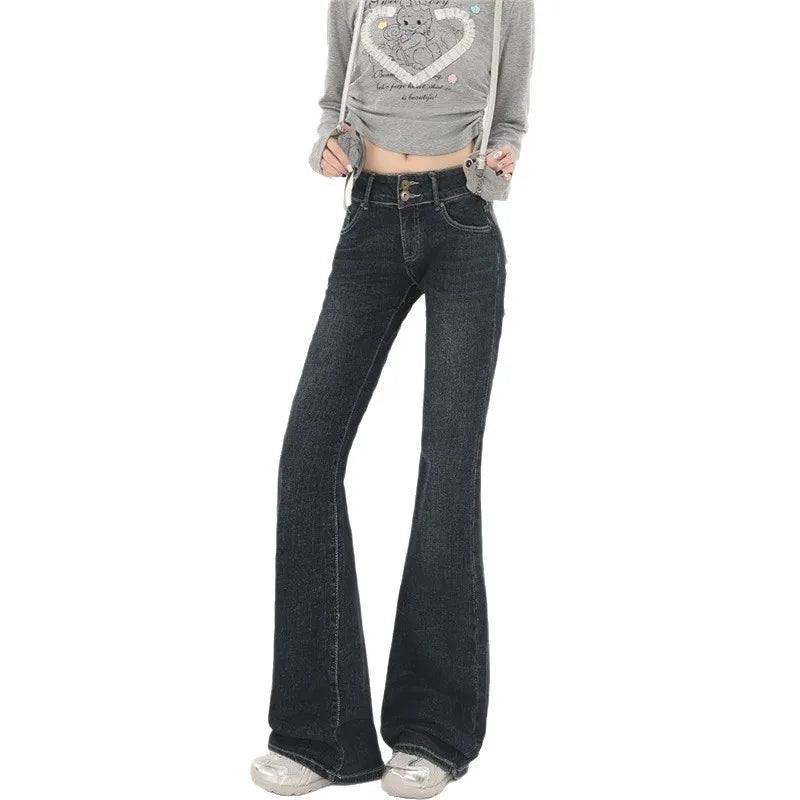 Low-Waist Bell Bottom Jeans Women's Slimming Design American Style Spicy Girl Jeans Cotton Denim Lazy Style Water Washed
