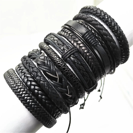 10 Pcs/set Black Wrap Woven, Handmade Mens Bracelets. Male / Female Leather Bracelets.