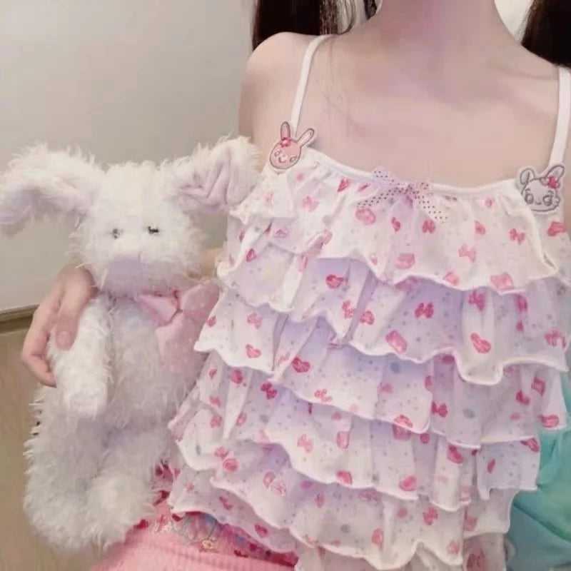 Sweet Crop Tops Print T-shirt, Lolita Aesthetic, Tees /Bows on Tank Tops Vintage Women/ Girls Tops