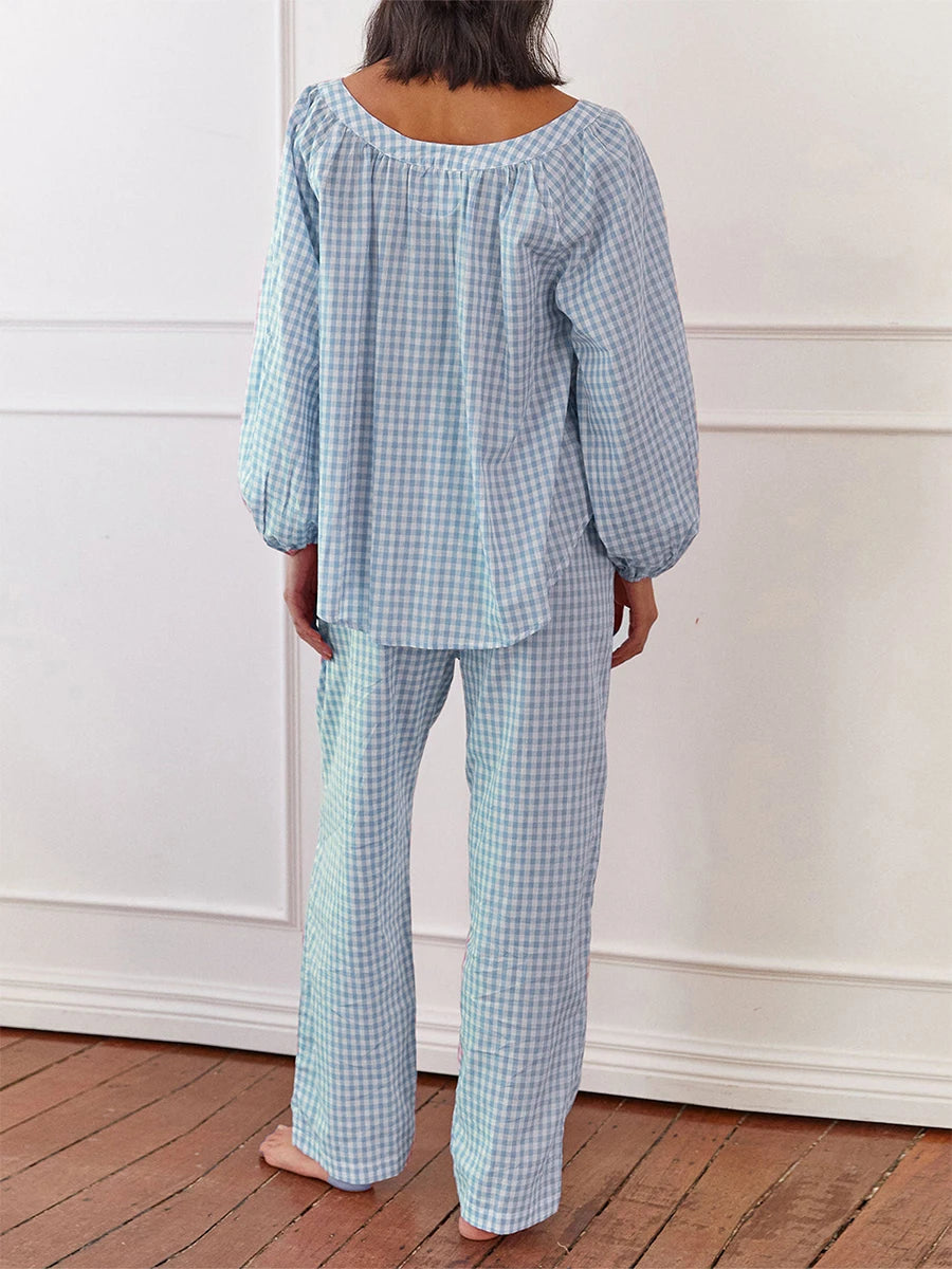 Women s Checked Pajama Set with Long Lantern Sleeves and Elastic Waistband - Button Down Top and Lounge Pants for Fall