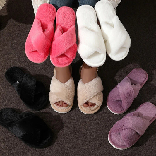 Womens Cross -over Warm,  Fluffy Slippers.  Lightweight Flat Heels with Fur Slides. For  Autumn, Winter, Spring. Open Toe and -Non -Slip for Home Floors.