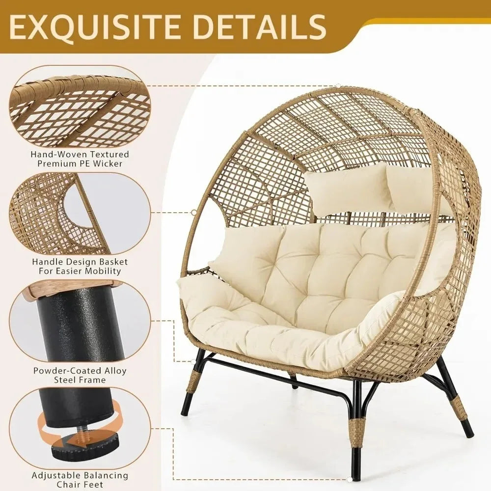 Lounge Chair/Double Egg Chair, Indoor /Outdoor Stationary, Thickened, Padded Cushions,680 lbs,for Patio Balcony Porch Backyard Beige