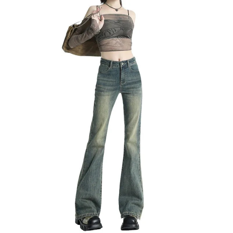 High Waist Slimming Denim Pants, Retro American Style FOR Autumn New Fashionable Women's Pants, Micro Flared Long Pants OF STRETCHABLE Polyester