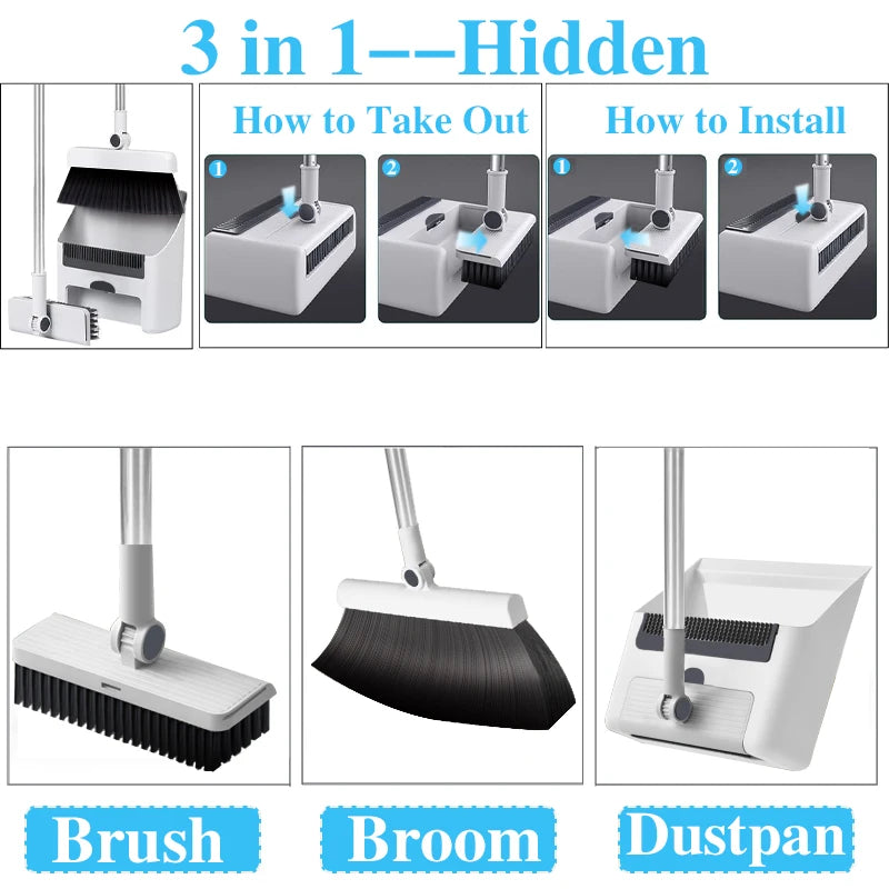 3in 1 Broom and Dustpan Set Floor. Long-handled Broom And Dustpan For Home Office School Dorm