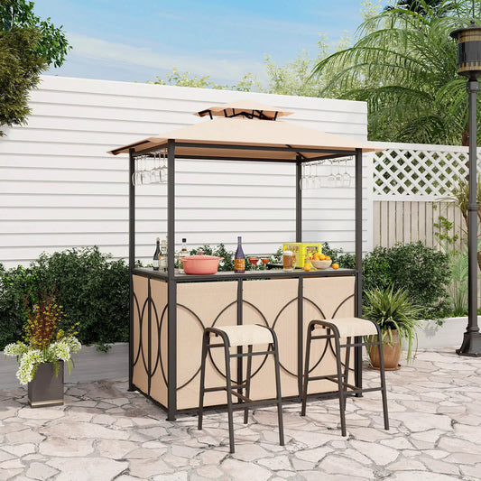 3 PCS, Patio Bar Set with Tempered Glass Bar Table, Metal Storage Shelves for Garden Storage