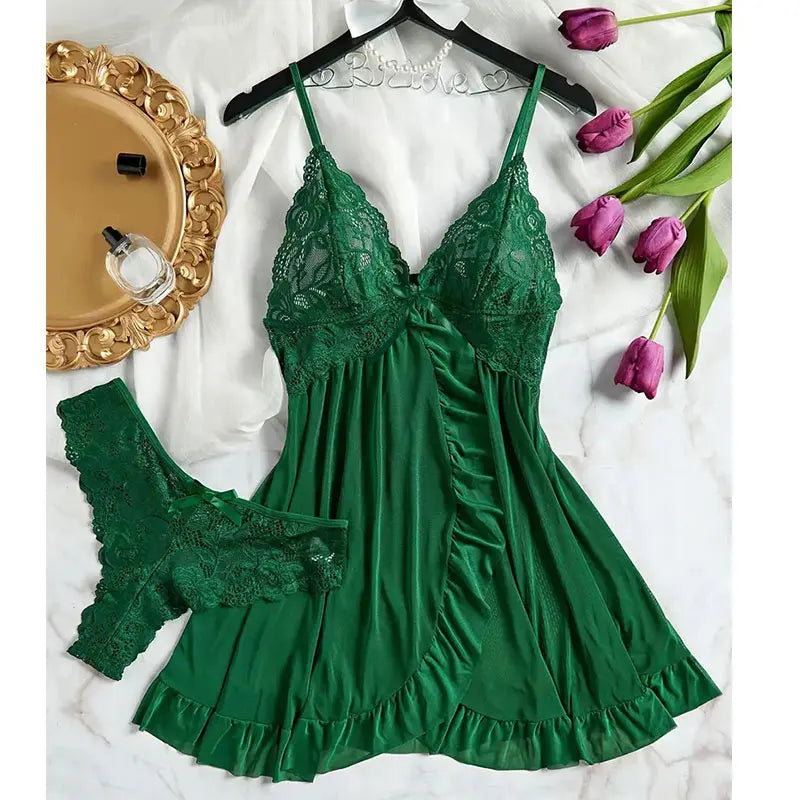 Tulle Ultra Sexy Nightgown, V-neck Bra, Open Sleep Skirt, Womans Sheer Lingerie with Thong