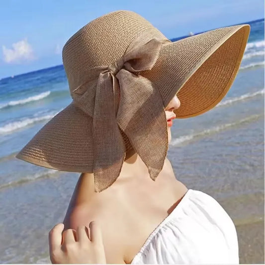 Summer Women's Large brimmed Straw Hat with Bow and Wide BRIM. Sunscreen, Soft, Panama Hat, Foldable Beach Sunshade Hat