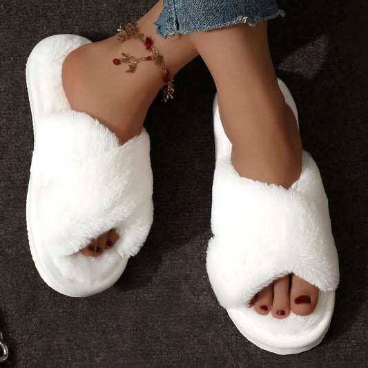 Womens Cross -over Warm,  Fluffy Slippers.  Lightweight Flat Heels with Fur Slides. For  Autumn, Winter, Spring. Open Toe and -Non -Slip for Home Floors.