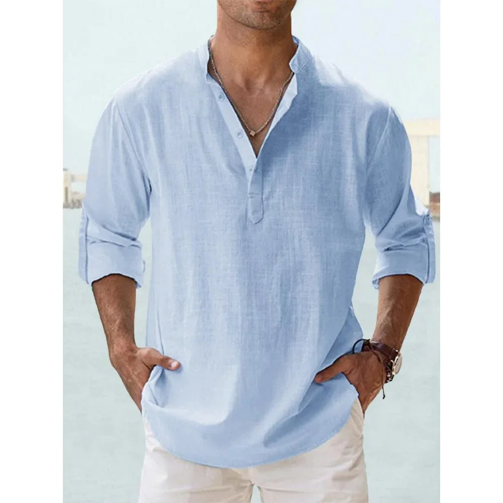 Cotton Linen Hot Sale Men's Short-Sleeved Shirts. Summer Solid Colors Henley Collar Casual Beach Style Hawaiian Vacation
