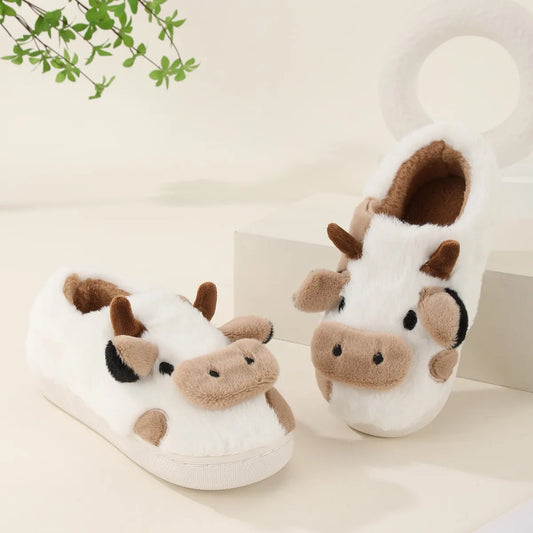 Winter Home Slippers for Warm Plush COMFORT FOR CHILDREN. NICE AND FRIENDLY Neutral Cartoon Cow for a little Indoor Fun. Anti-Slip for safety at Home.