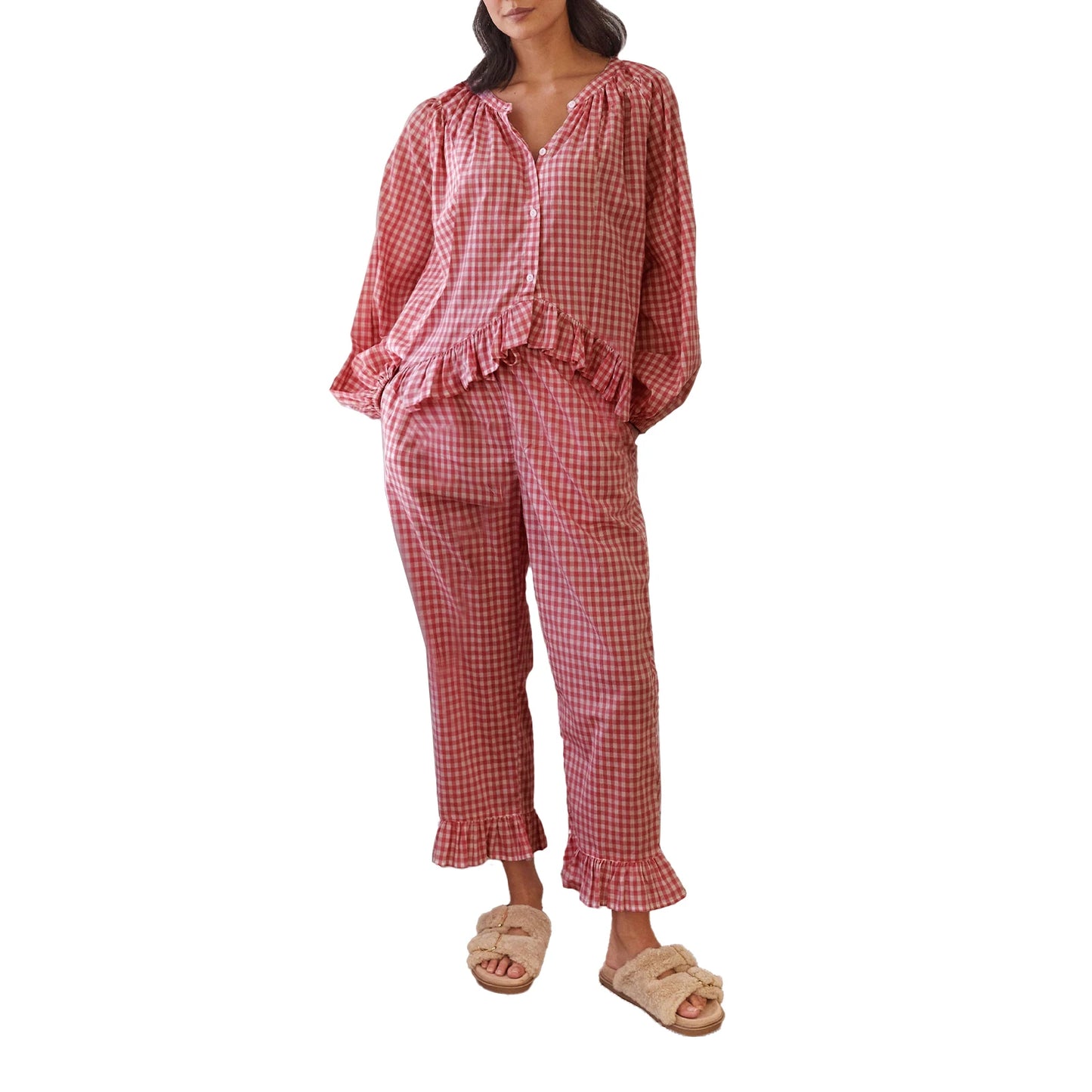 Women s Checked Pajama Set with Long Lantern Sleeves and Elastic Waistband - Button Down Top and Lounge Pants for Fall