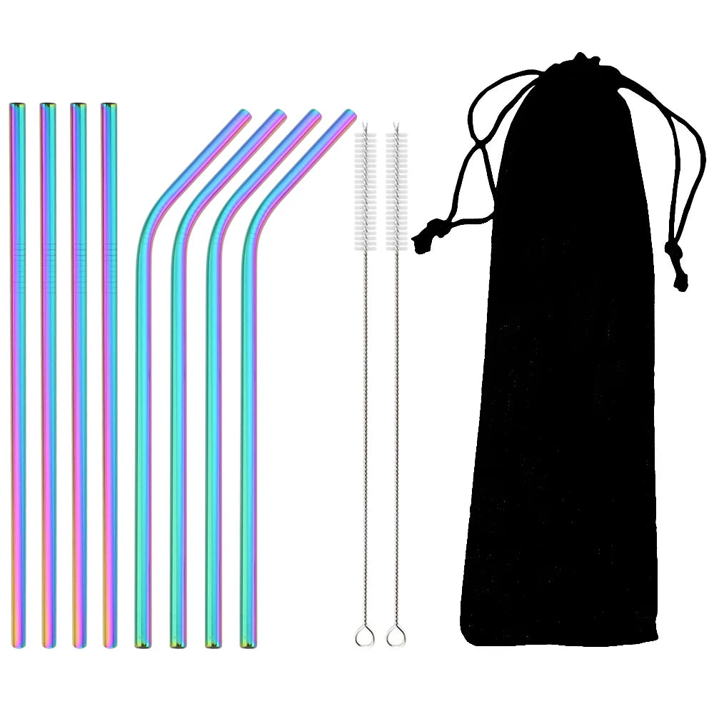 Colorful Reusable Drinking Straws, 304 Stainless Steel with Brush Bar Cocktail Straw for Glasses Drinkware