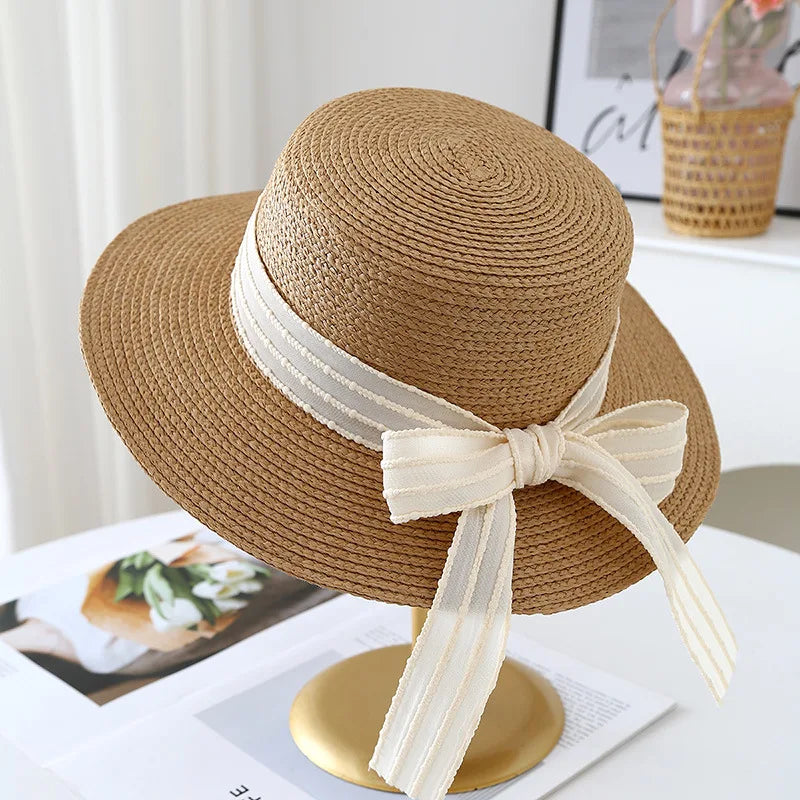 Womens Summer " Sweet Bucket " Hat. Breathable, Sun Hat with Elegant Flat Top, Bowknot, Casual