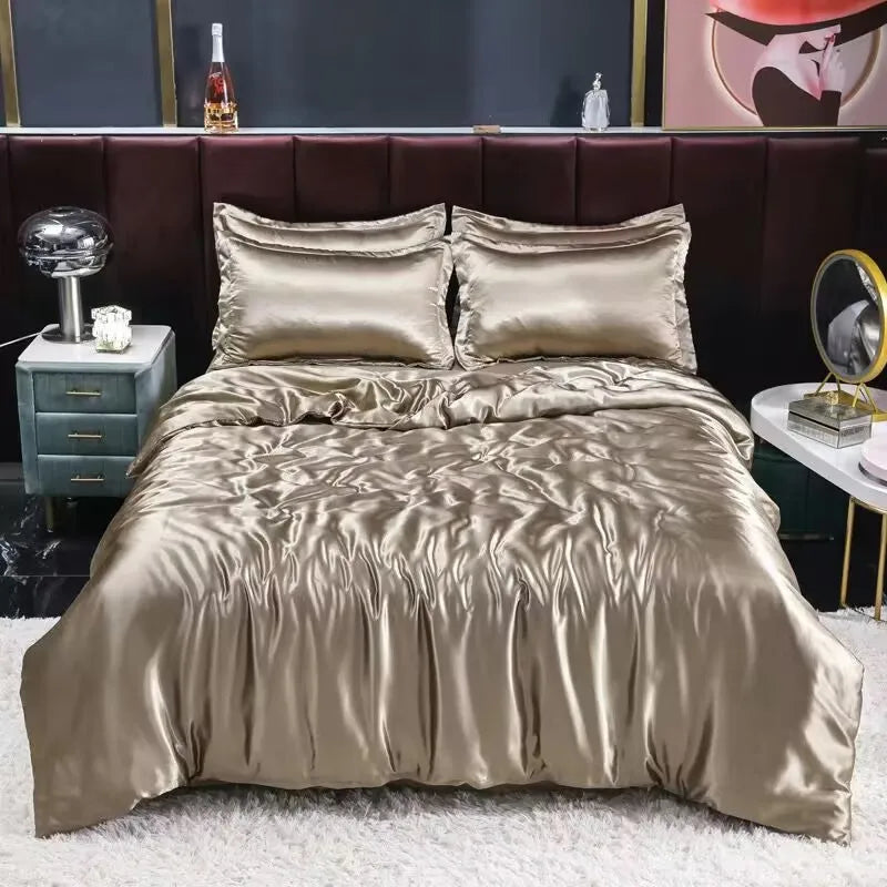 Natural Mulberry Silk Bedding Set Cover Fitted/Flat Bed Sheet, 2 Pillowcases, Luxury Satin Bedsheet, Solid Colors King, Queen, Twin Size