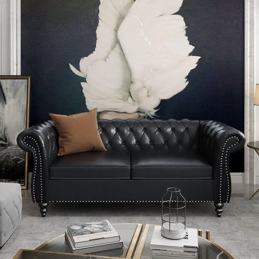 Leather Chesterfield Sofa Set with Scroll Arms and Black Ottoman for Living Room