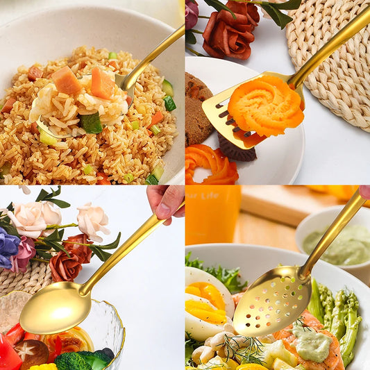 2/6pcs Stainless steel kitchenware set, creative golden soup spoon, colander, hot pot spoon, cooking and frying assists.