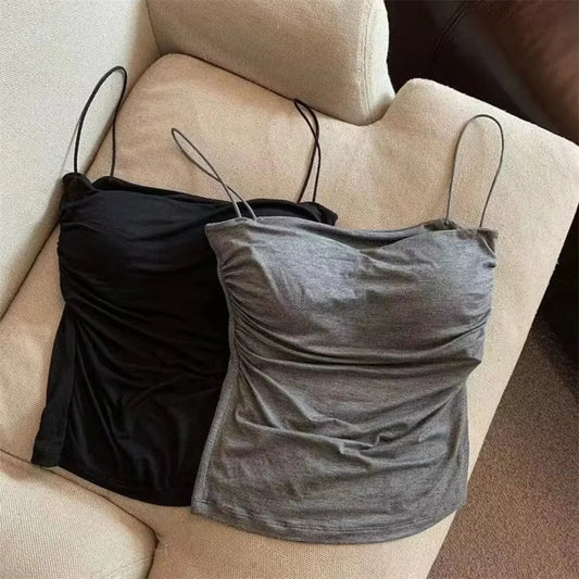 1 Pc Stylish Waist Pleated Corset - Soft support, fixed chest pad, sleeveless, short top with thin straps in Solid colors
