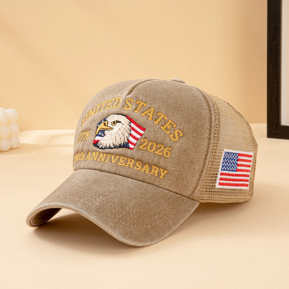 United States 250th Anniversary, 1776-2026 Bald Eagle Embroidered, Washed Mesh, American Flag , Adjustable Baseball Cap