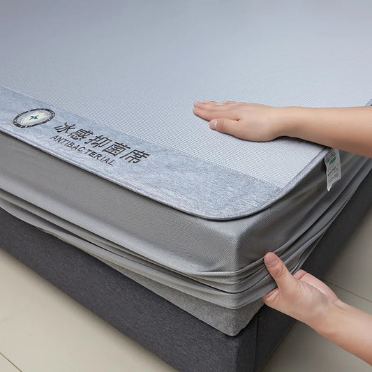 Fitted Cooling Summer Mat 3pcs Set Fitted Sheets, Cool Mattress Cover + 2 Pillowcases Soft Breathable Washable for AC Room