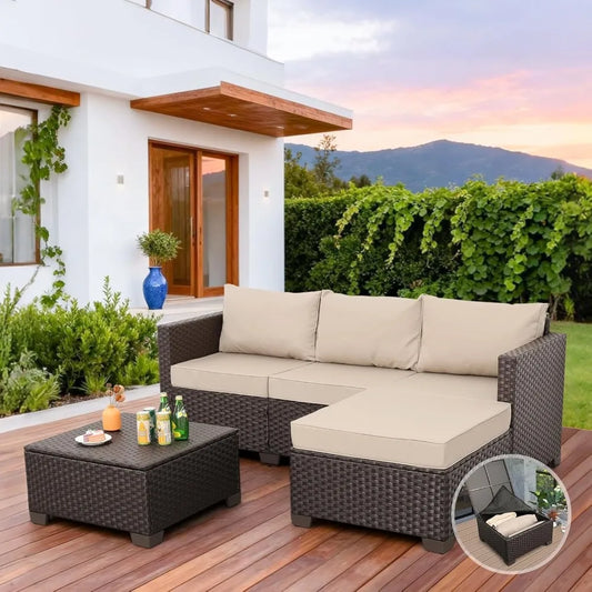 Outdoor Sectional Sofa Set, 3-Pieces with Storage Table, Ottoman, All-Weather Cushions & Waterproof Covers