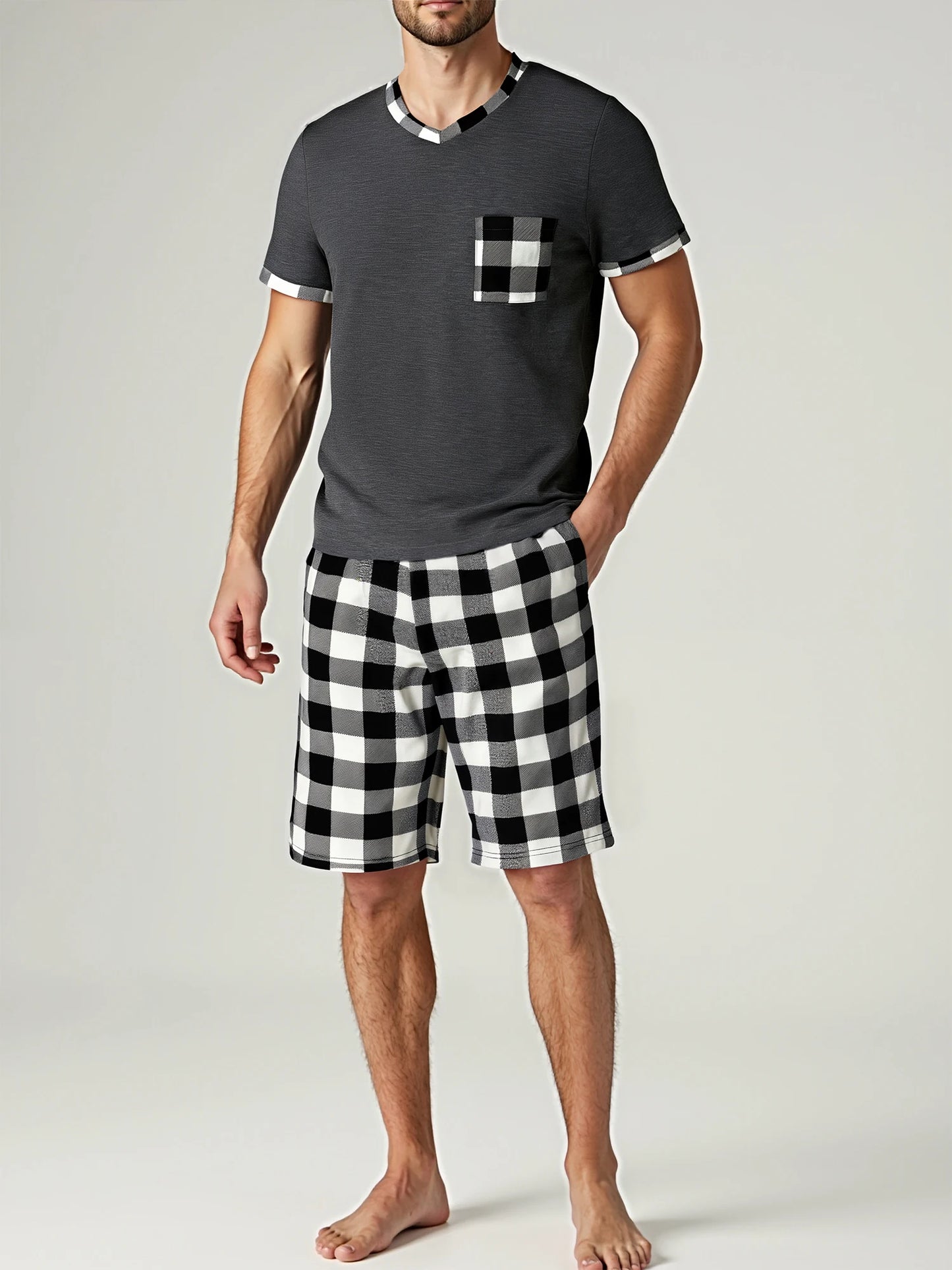 Mens Pajama Sets,  Short Sleeve , Plaid Pajamas and are  Soft Lounge Sleepwear with Pockets & Drawstring Shorts