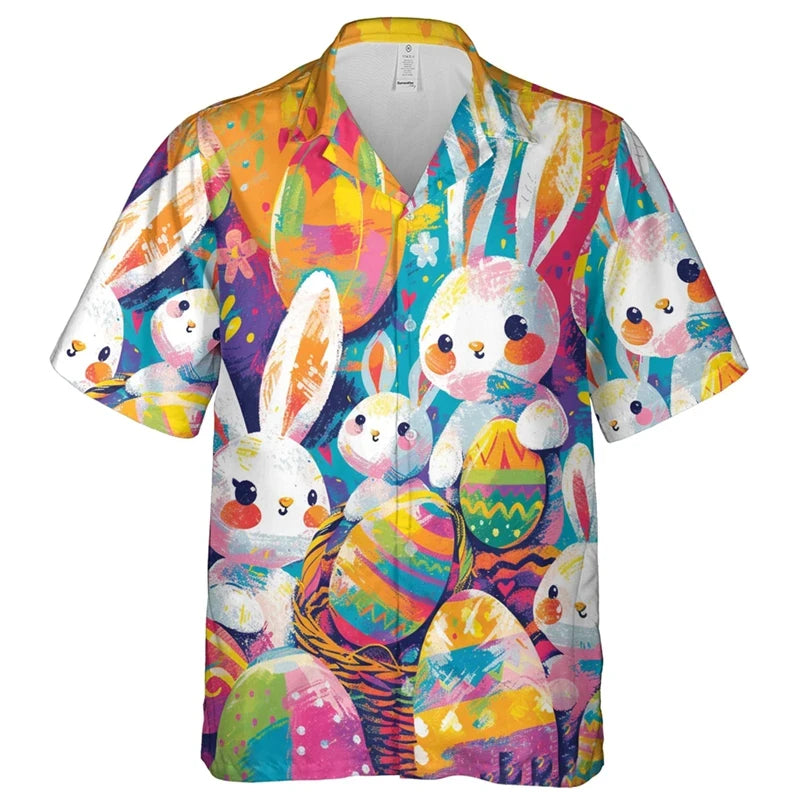 Happy Easter Day Graphic Beach Shirt, Fashion Gifts, Short Sleeve, Cartoon Rabbit/ Egg