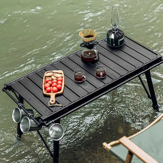 Camping Table Foldable Portable IGT Outdoor. Table with Adjustable Height and Aluminum Alloy For Outdoor Barbecue Picnic Fishing. table in Black or Wood. Grill Sold Separately.