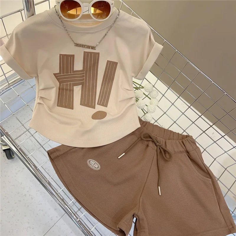 Girls Short Sleeve Summer Letter T-Shirt Tops+Shorts, 2Pcs Suit for little girls Clothes. Sport Casual Outfits 3-12 Years