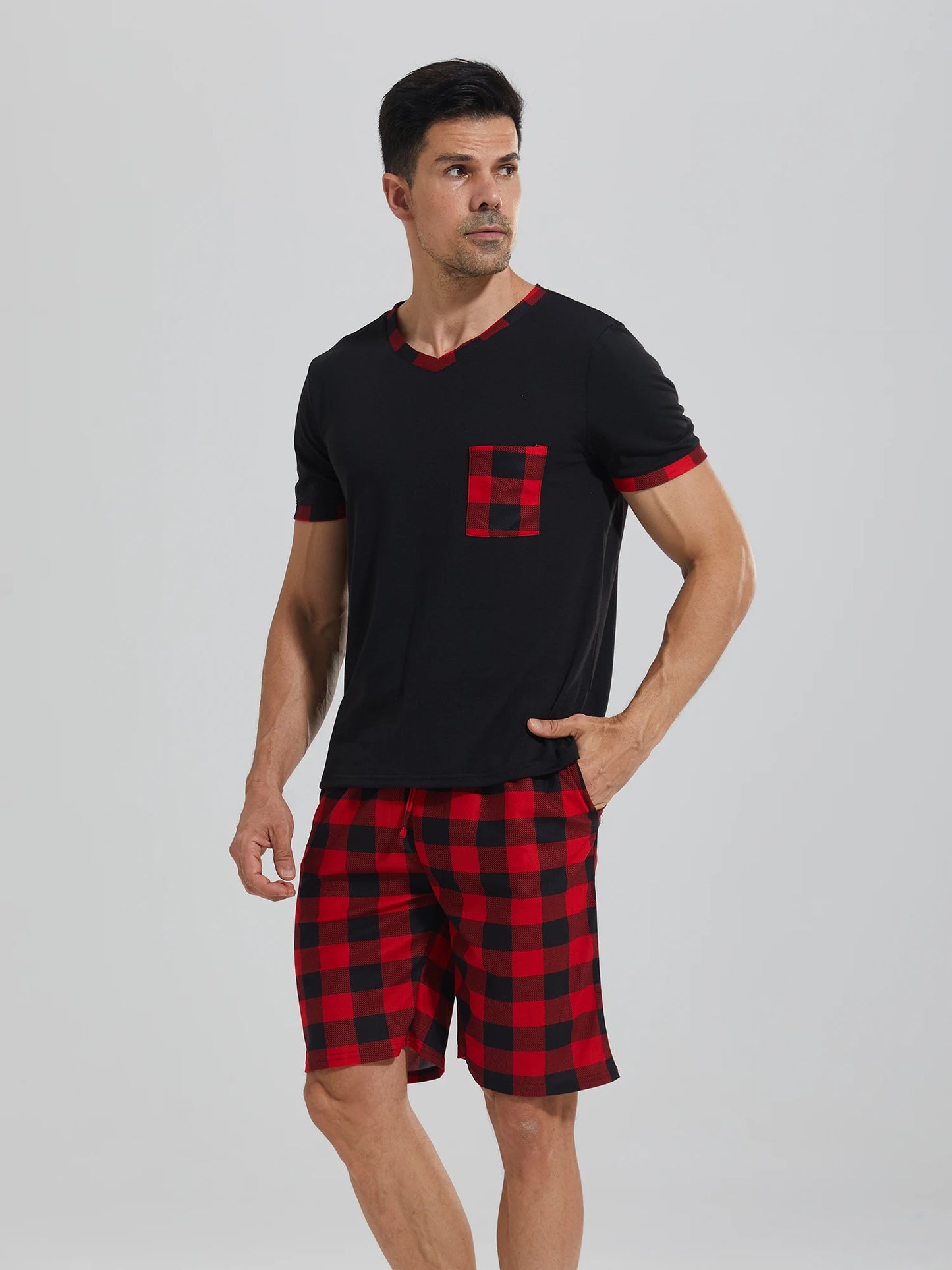 Mens Pajama Sets,  Short Sleeve , Plaid Pajamas and are  Soft Lounge Sleepwear with Pockets & Drawstring Shorts