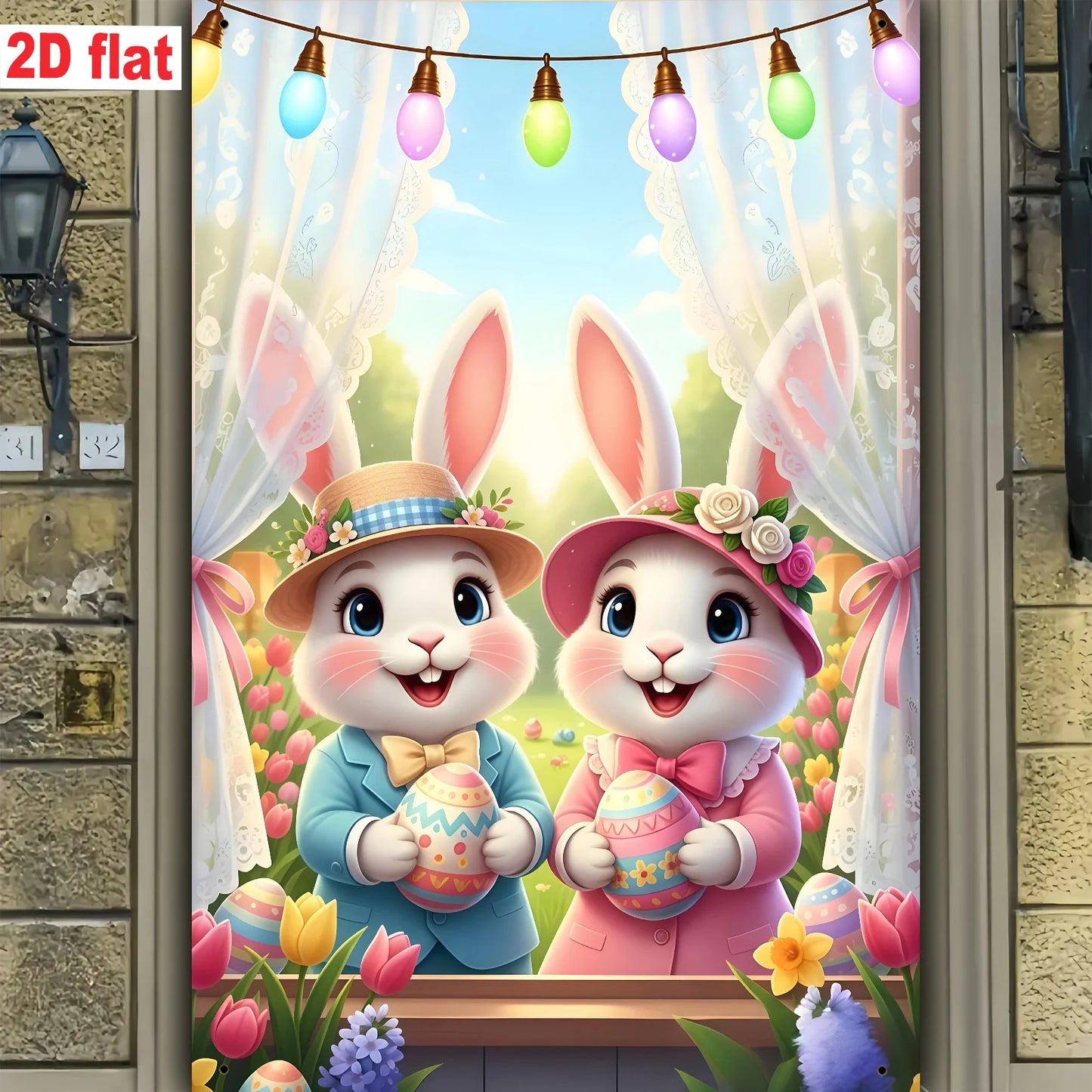 2D flat - 1 Easter party banner: Polyester flat banner with rabbit, Easter egg, tulip and curtain design