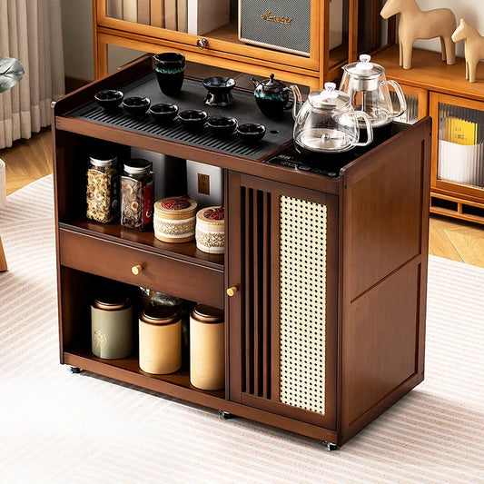 Small, Mobile tea table, Kettle integrated tea cabinet with Solid wood coffee table. Tea cart Brewing tea table