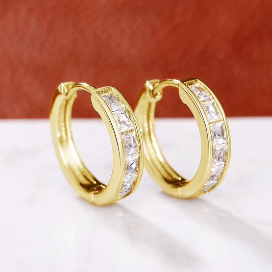 Classic Design Hoop Earrings, Full with Princess Square CZ's. Simple and Elegant Accessories Versatile Jewelry Perfect for MOTHERS DAY Gift