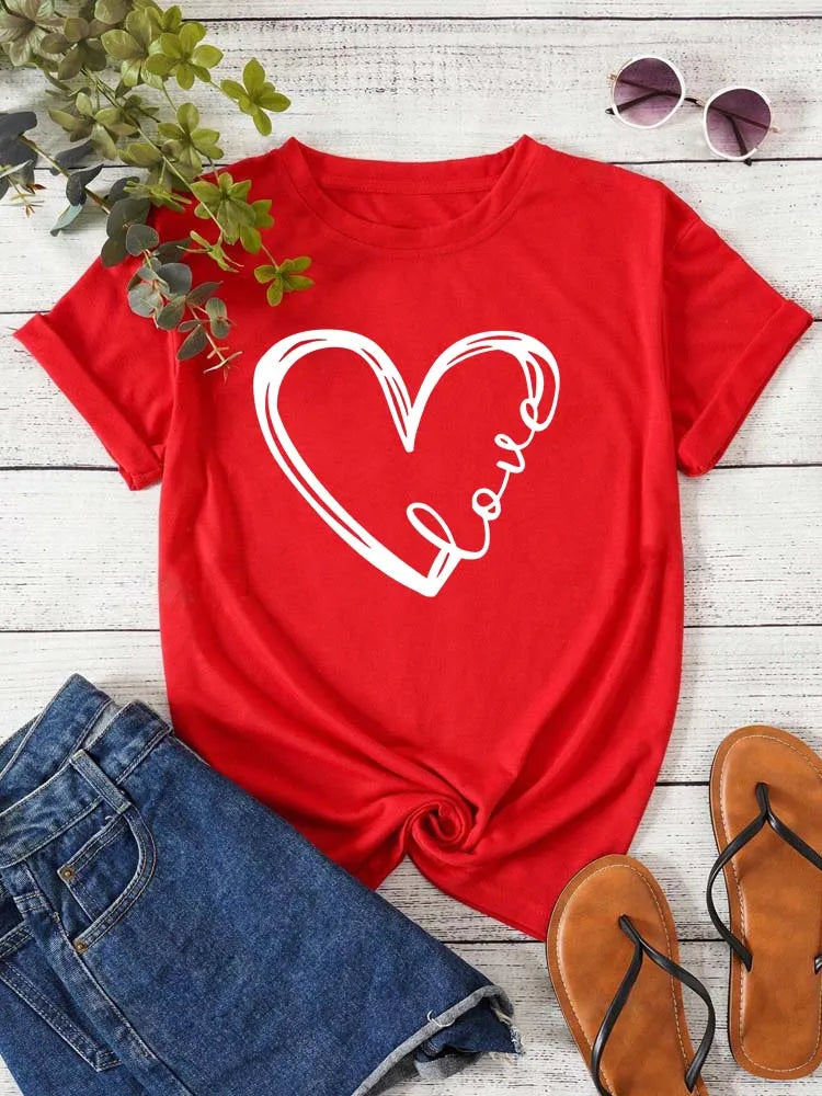 Love Heart Printed Trend, Womens,Fashion Clothing, Graphic T-shirts , Female Short Sleeve,Casual Tee