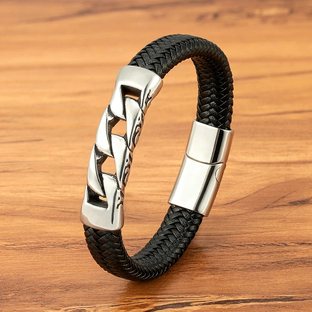Stainless Steel Men's /Women Bracelet. Woven Leather with Magnetic Buckle. Business Jewelry/ Accessory /Gifts