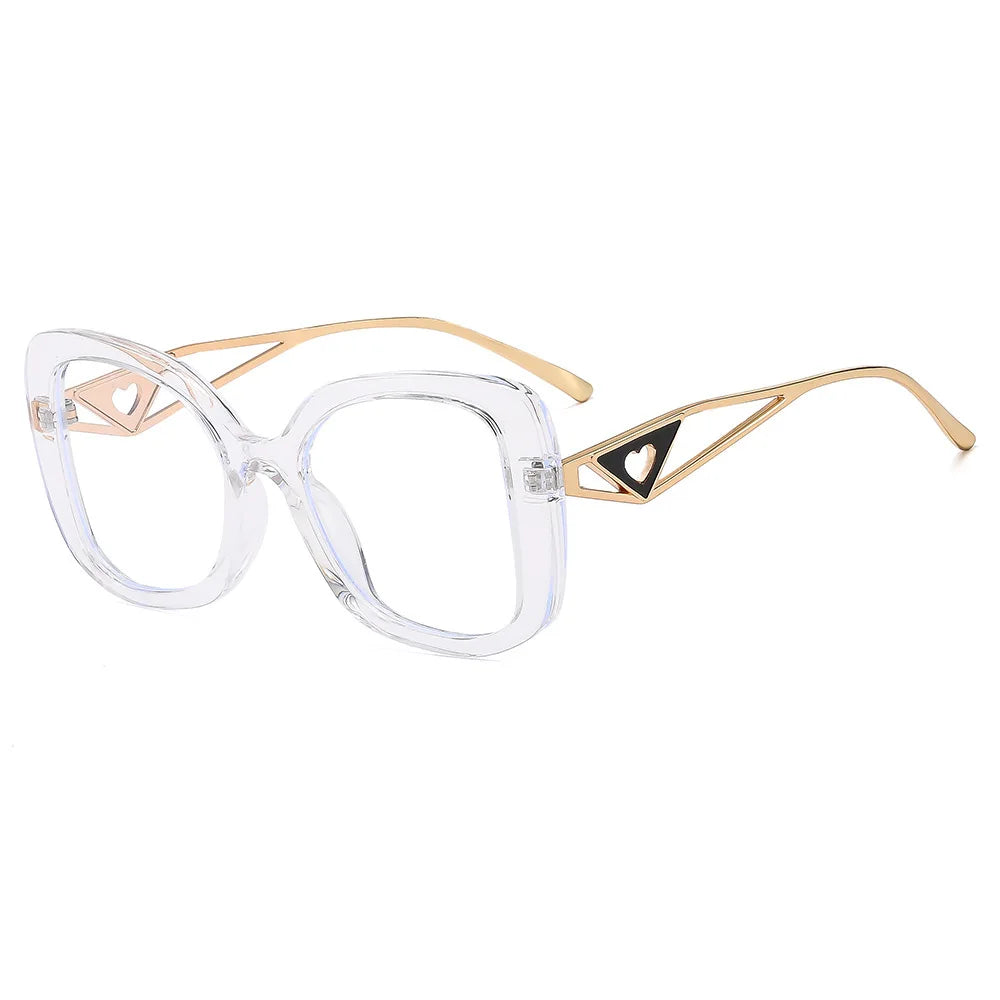 Luxury Brand, Oversized, Square Reading Glasses for Women with Triangle heart on the temple. Blue-Light Blocking, Clear Computer Glasses