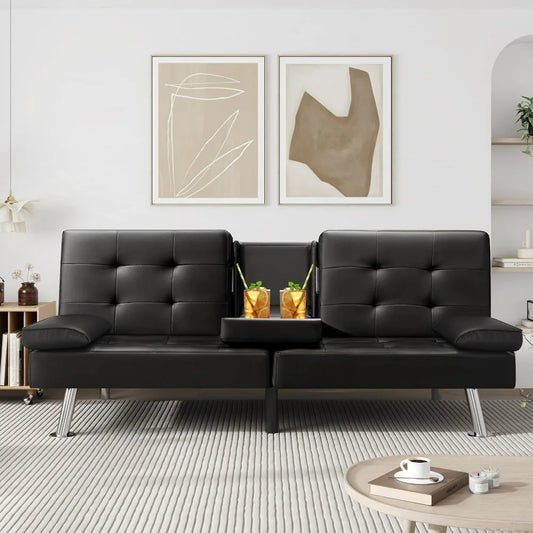 Futon Sofa Bed, Modern Faux Leather Couch Bed, Convertible Folding Recliner for Living Room with 2 Cup Holders and Armrest, Black or Brown.