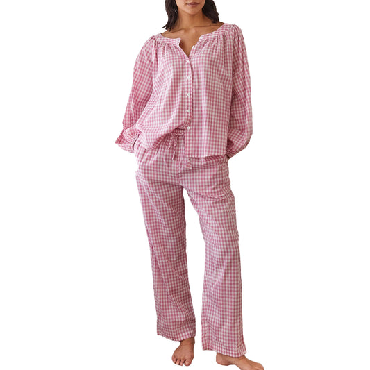 Women s Checked Pajama Set with Long Lantern Sleeves and Elastic Waistband - Button Down Top and Lounge Pants for Fall