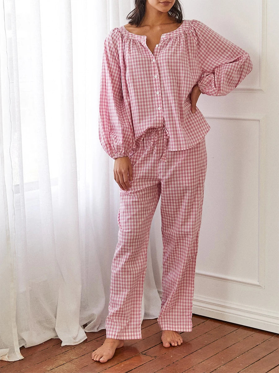 Women s Checked Pajama Set with Long Lantern Sleeves and Elastic Waistband - Button Down Top and Lounge Pants for Fall