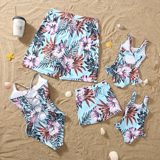 /Mom/ Daughter Swimwear, Floral Pattern Ruffle, One-Piece Swimsuit . Dad Son Swim Shorts, Family Matching Outfits Beach Wear