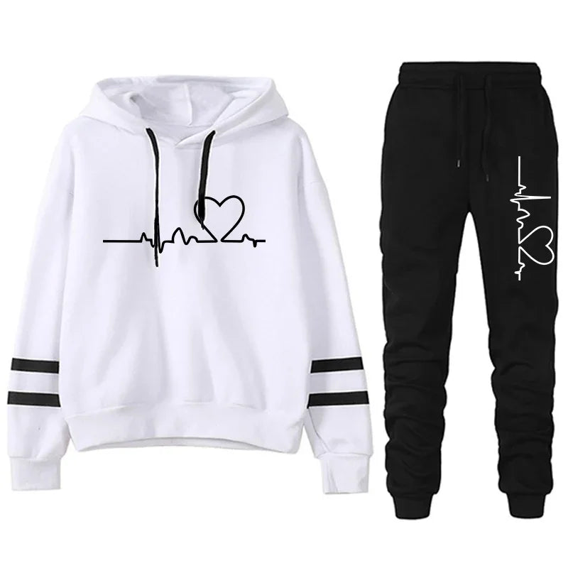 Womens Casual Tracksuit. Versatile Sweatshirt with Hoodie Black Sweatpants with High Quality Print.