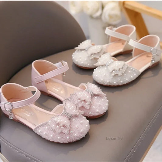 Spring and Summer Girls' Princess Shoes, Sandals, Flat Kids Dresses Shoes with Pearl for Kids and Teens