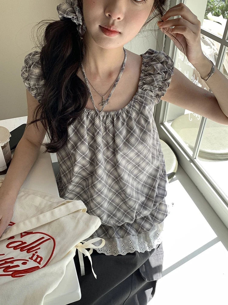Crop Tops for Girls/ Women. Plaid, Spliced, Sleeveless, Ruffled Lace Fashion Tank. New Chic Female Tops