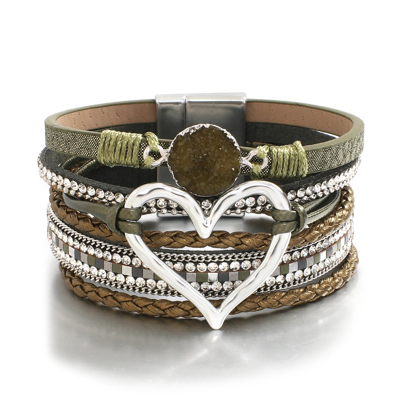 Metal Love Heart Charm, Leather Bracelets for Women, Fashion Rhinestone Braided Wrap Bracelet , Bangle Female Jewelry Gifts